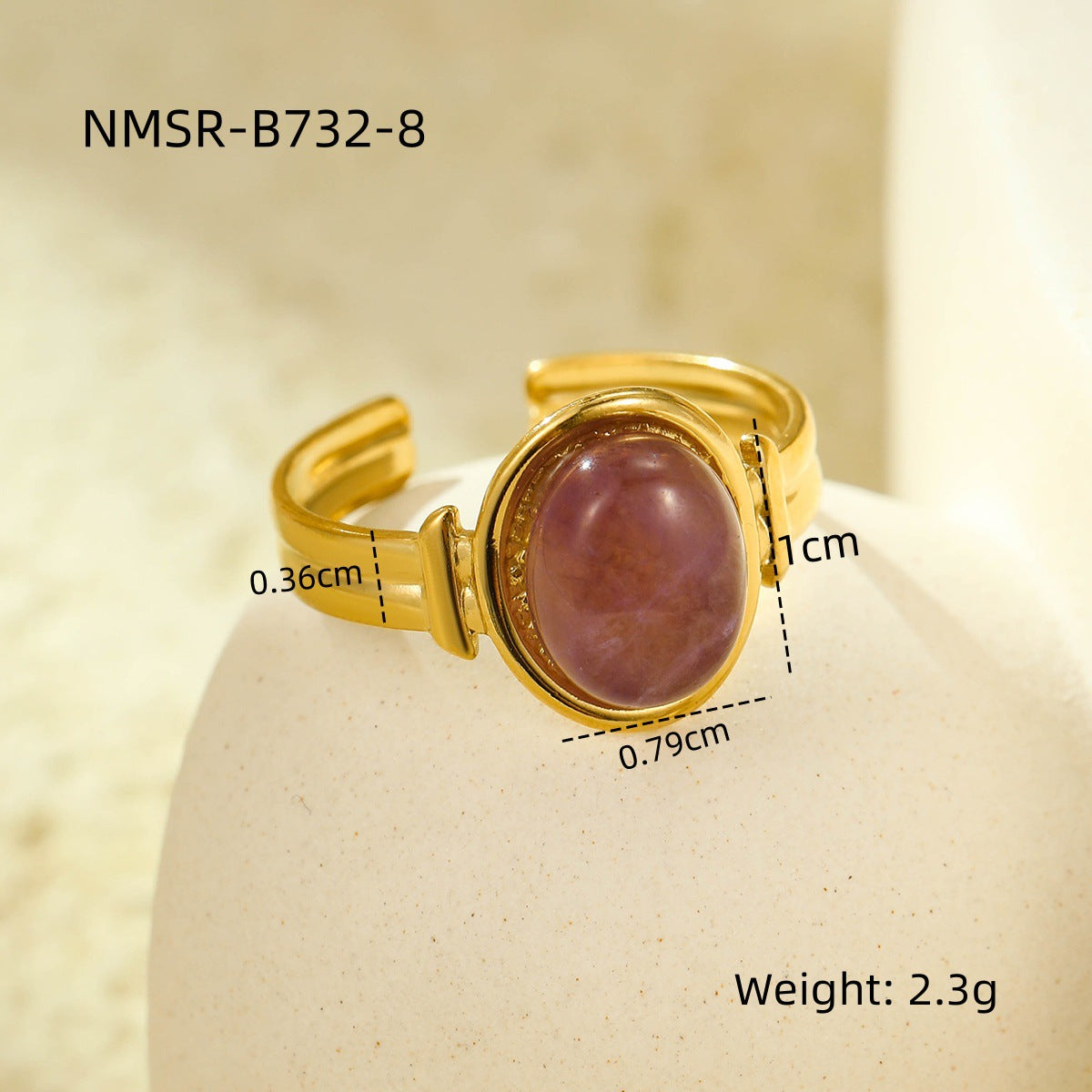 18K gold plated gemstone ring with natural stone and adjustable statement band for women