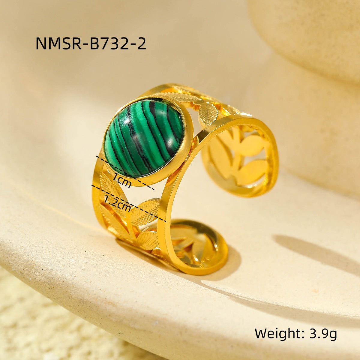 18K gold plated gemstone ring with natural stone and adjustable statement band for women