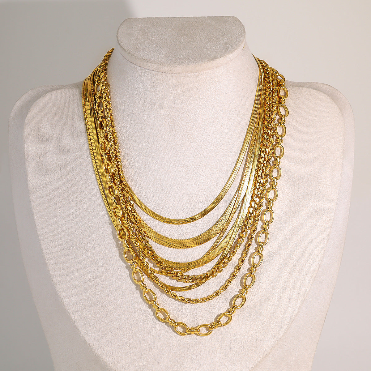 18K gold plated layered necklace with flat snake chain and twist double-layer design