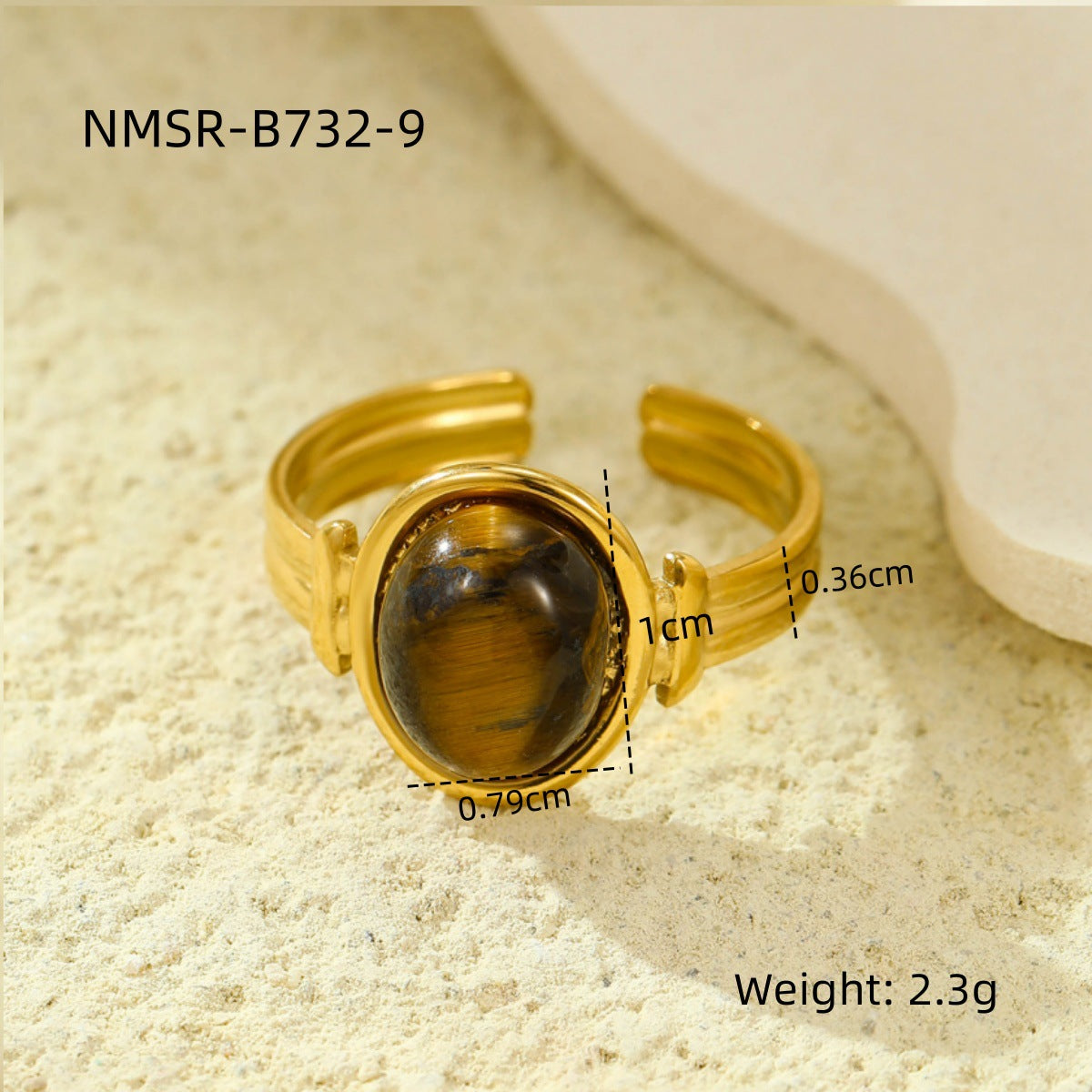 18K gold plated gemstone ring with natural stone and adjustable statement band for women