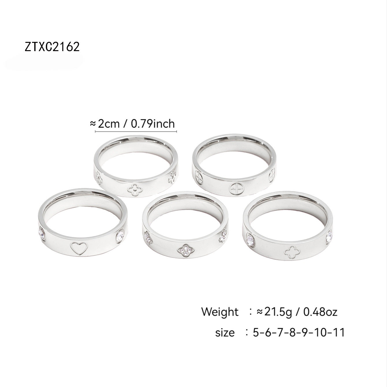 Gold plated clover heart ring set with stackable geometric stainless steel design