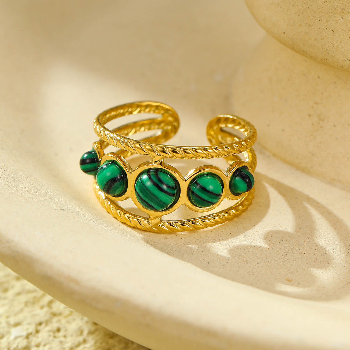 18K gold plated gemstone ring with natural stone and adjustable statement band for women