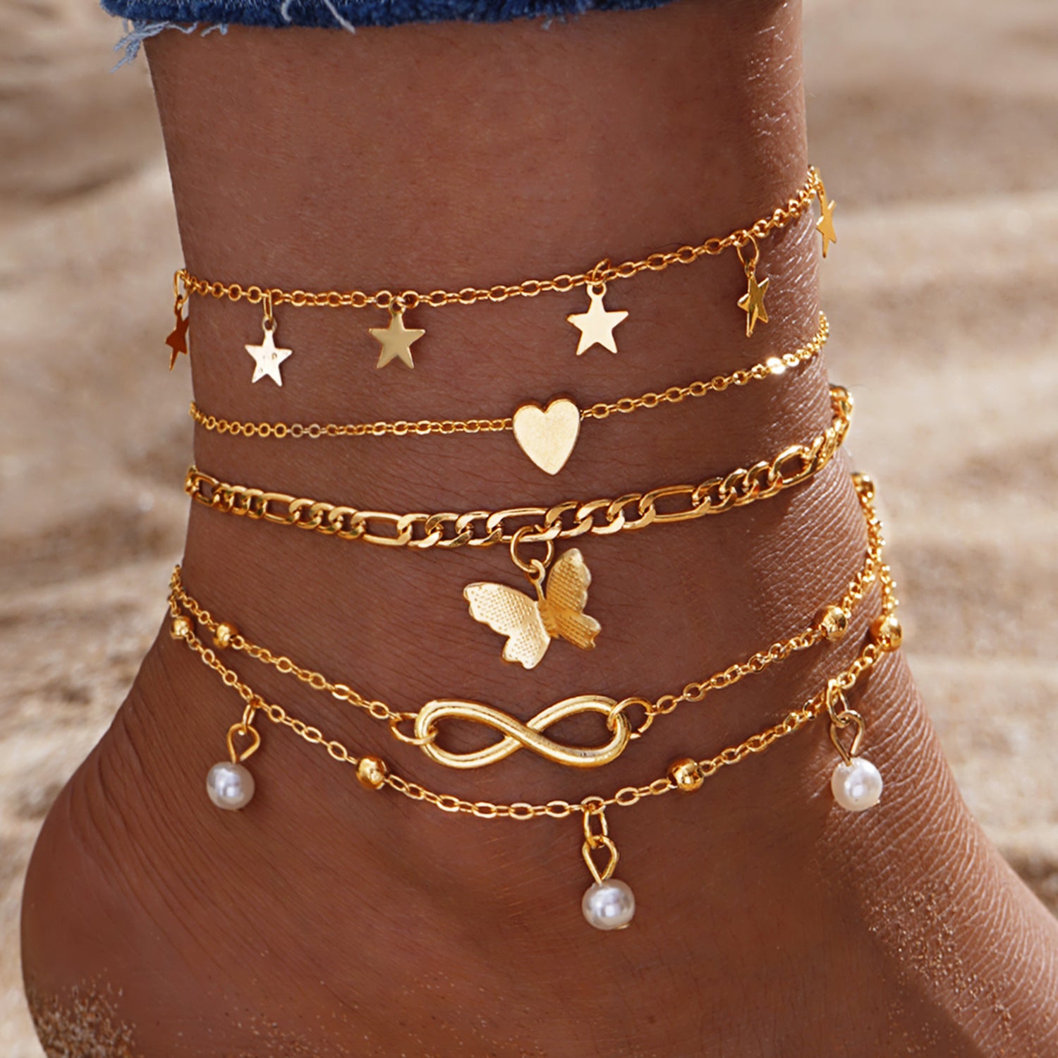 Multi layer charm anklet set with star butterfly heart and pearl beach jewelry charms
