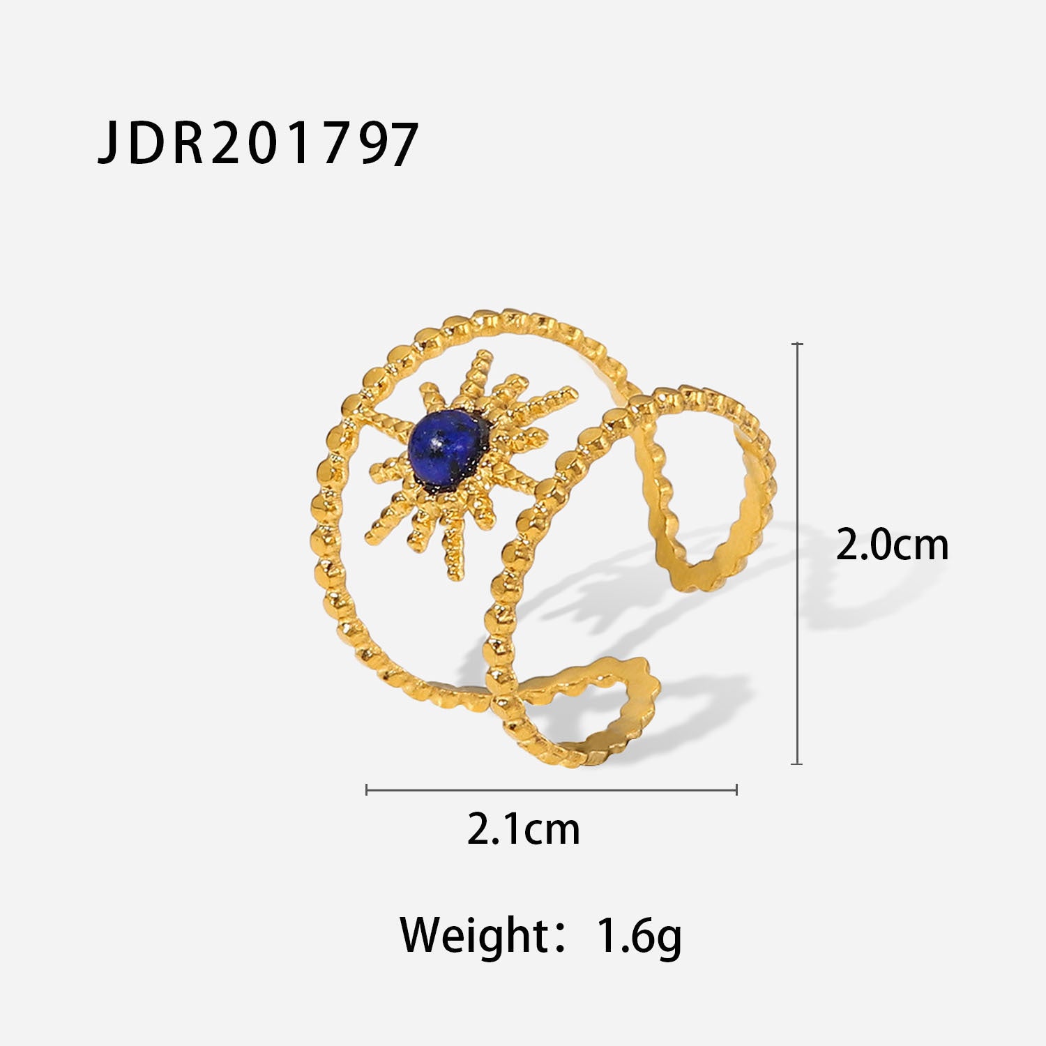 Gold plated gemstone ring with minimalist adjustable band and geometric star detail