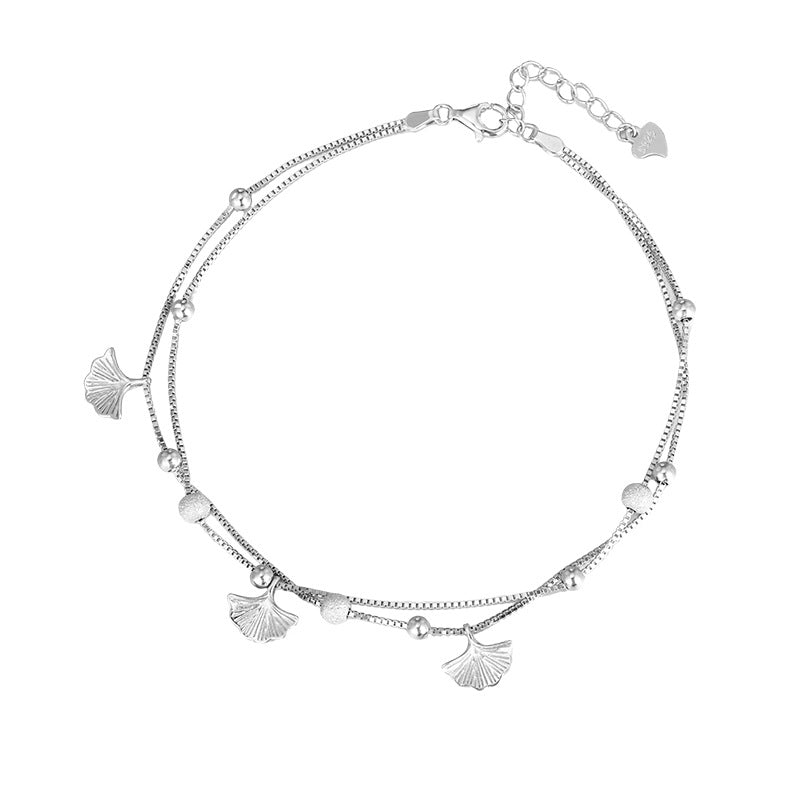 Sterling silver ginkgo leaf anklet with double-layer chain and elegant Korean-inspired design