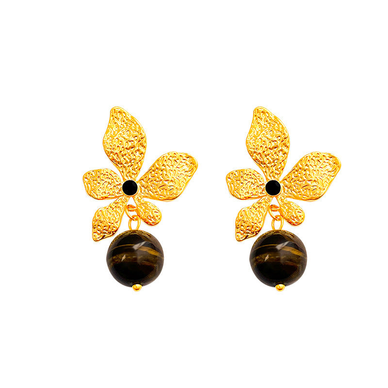 Gold plated tiger eye stone necklace with long sweater chain and floral-inspired design