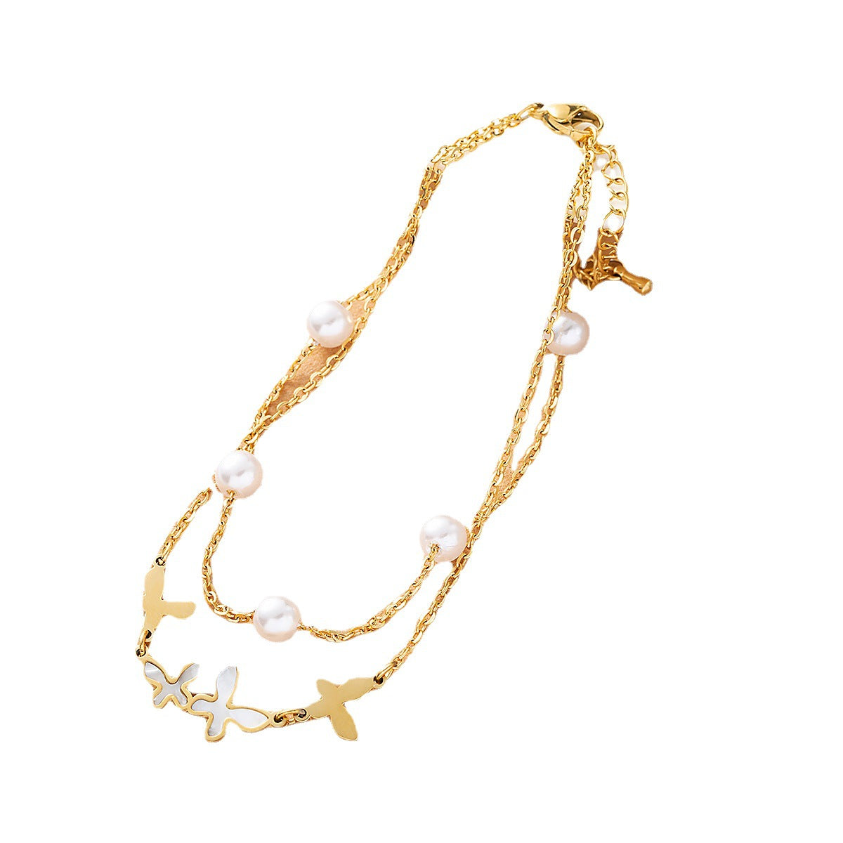 Gold plated butterfly anklet with pearl beads and double-layer chain design for women