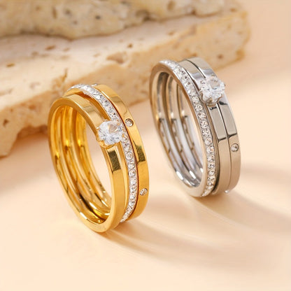18K gold plated zircon ring set with stackable 3-piece stainless steel rings for women
