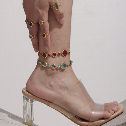 Gold plated Czech glass anklet with faceted sparkling beads for summer beach styling