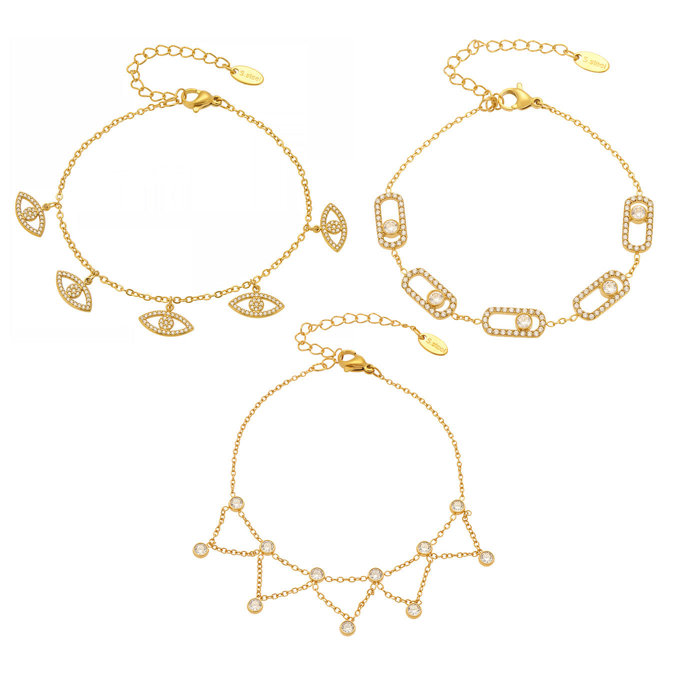 Gold plated zircon bracelet set with starburst chain links and sparkling stone accents