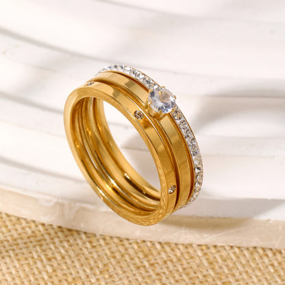 18K gold plated zircon ring set with stackable 3-piece stainless steel rings for women