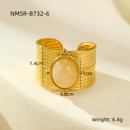 18K gold plated gemstone ring with natural stone and adjustable statement band for women