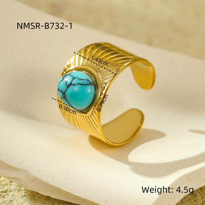 18K gold plated gemstone ring with natural stone and adjustable statement band for women