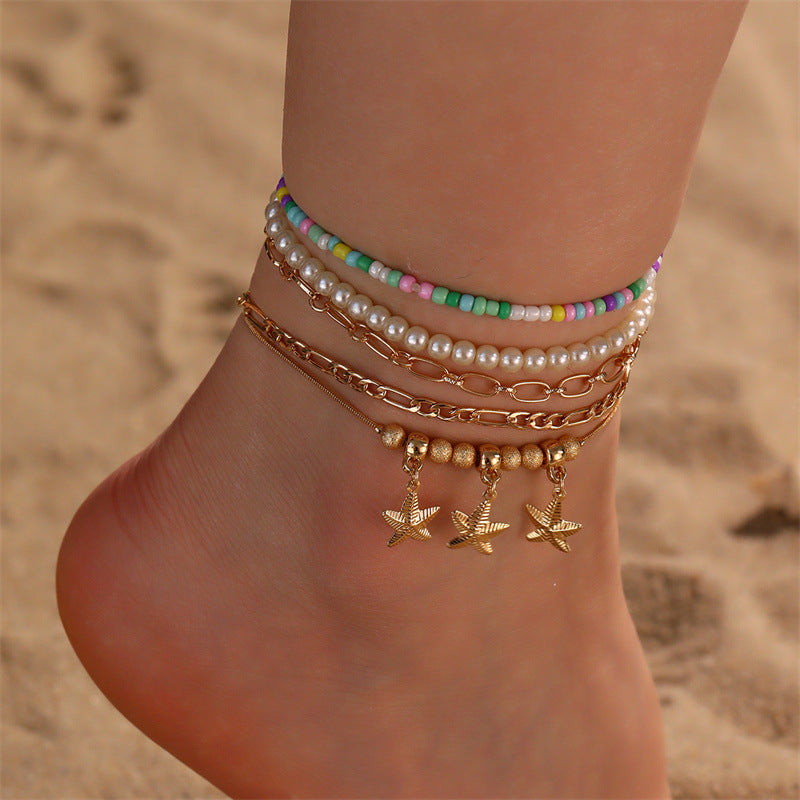 Boho rice bead heart anklet with layered beach style and colorful heart accents