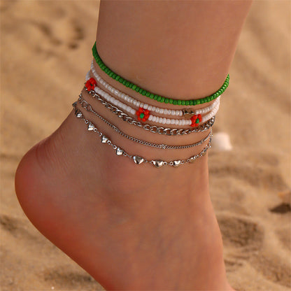 Boho rice bead heart anklet with layered beach style and colorful heart accents