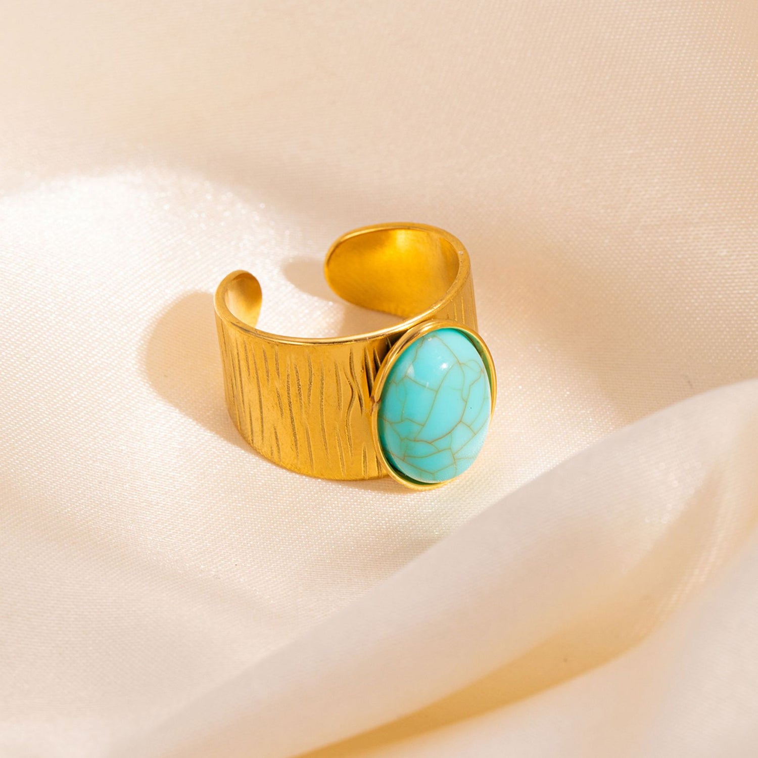 Gold plated malachite turquoise ring with natural stone statement design for women