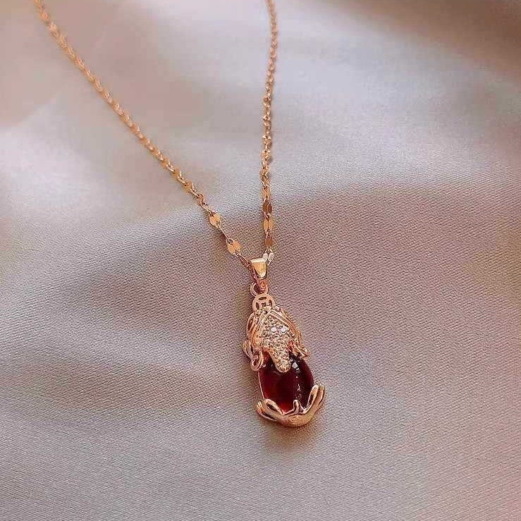 18K gold plated lucky bag necklace with zircon pendant and titanium steel clavicle chain for women