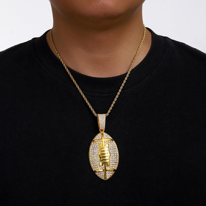 Gold plated football pendant necklace with iced out rhinestone design and hip hop chain style