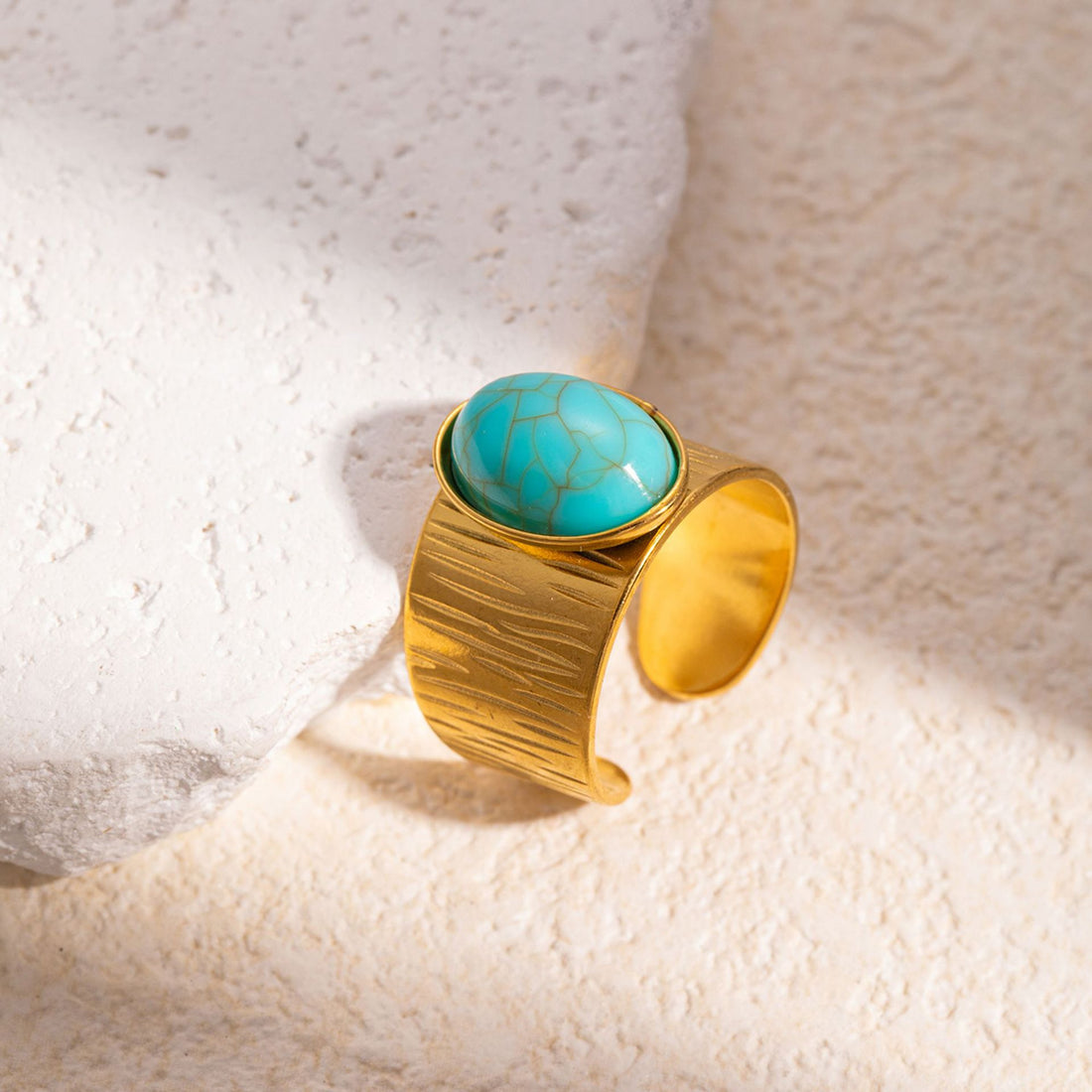 Gold plated malachite turquoise ring with natural stone statement design for women