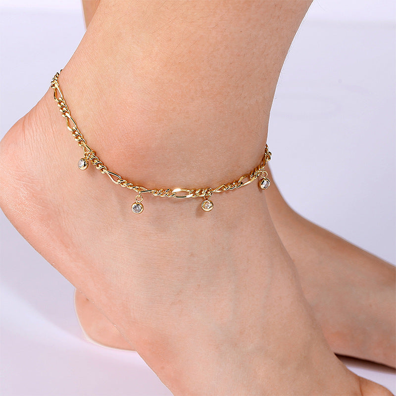 Gold plated zircon chain anklet with full sparkling statement chain design for women