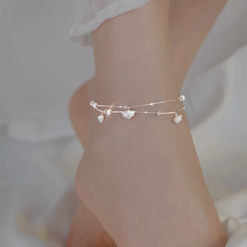 Sterling silver ginkgo leaf anklet with double-layer chain and elegant Korean-inspired design