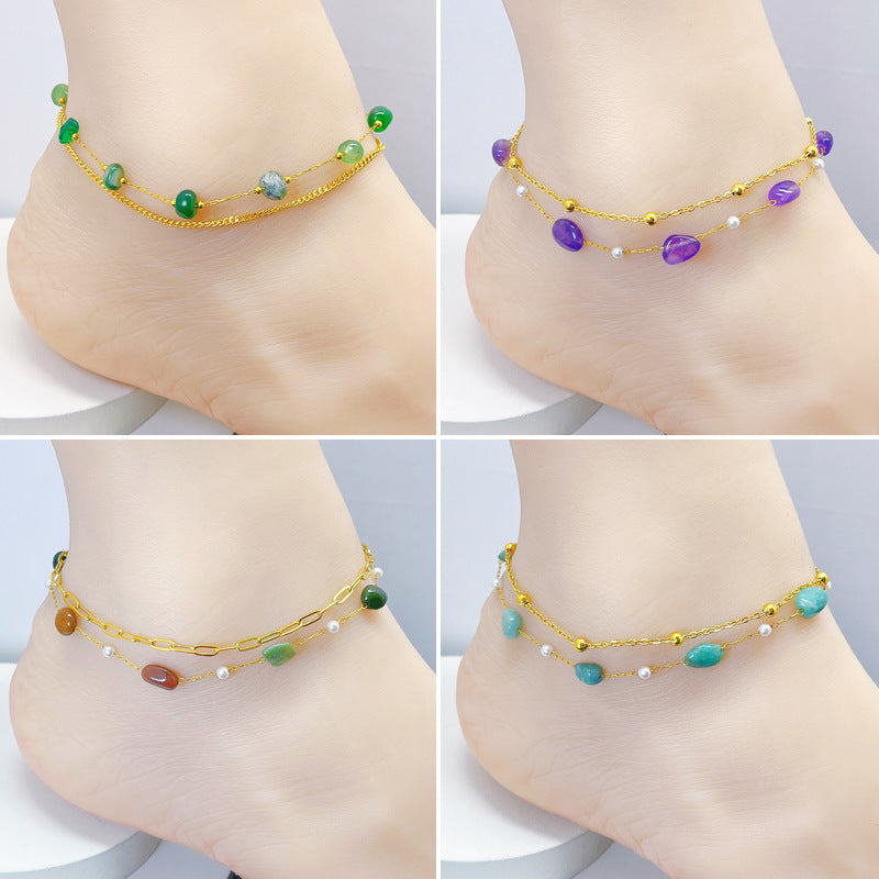 Bohemian natural stone beaded anklet with handmade beach style and adjustable fit