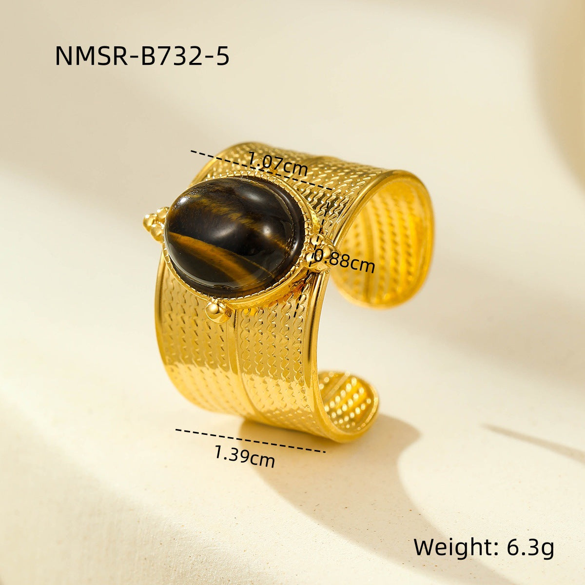 18K gold plated gemstone ring with natural stone and adjustable statement band for women
