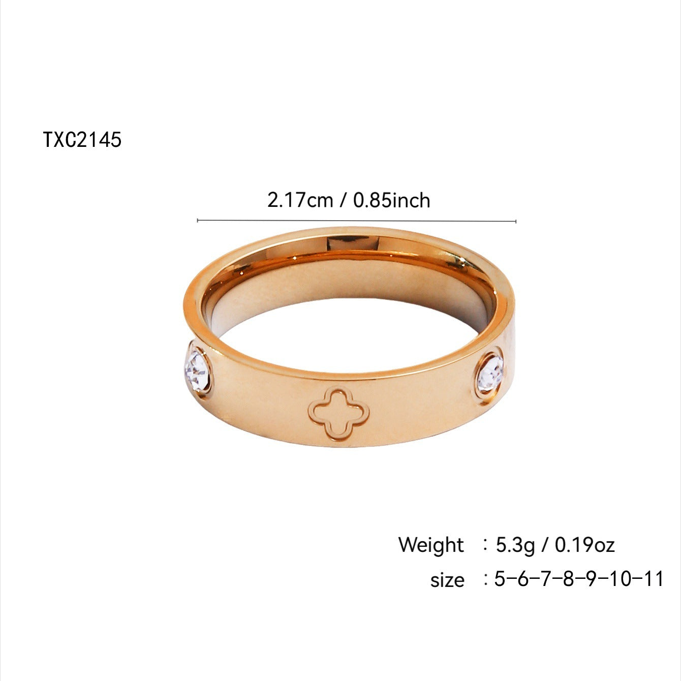Gold plated clover heart ring set with stackable geometric stainless steel design