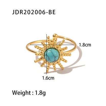 Gold plated gemstone ring with minimalist adjustable band and geometric star detail