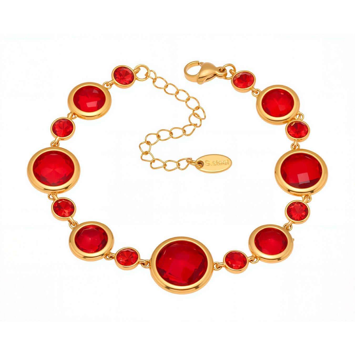 18K gold plated Czech crystal anklet featuring vibrant red gems and adjustable chain.