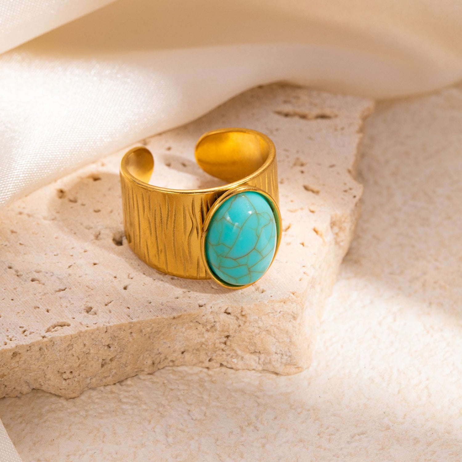Gold plated malachite turquoise ring with natural stone statement design for women