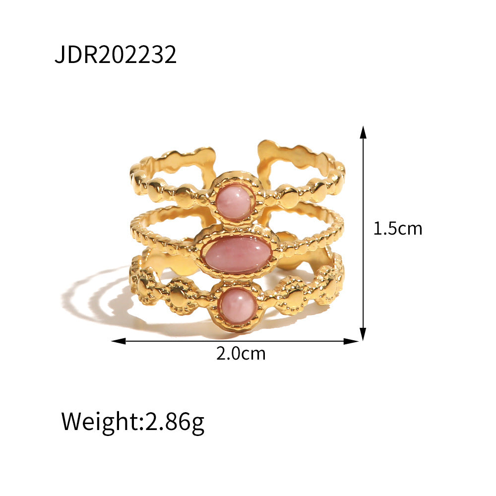 Gold plated gemstone ring with minimalist adjustable band and geometric star detail