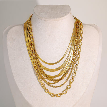 18K gold plated layered necklace with flat snake chain and twist double-layer design