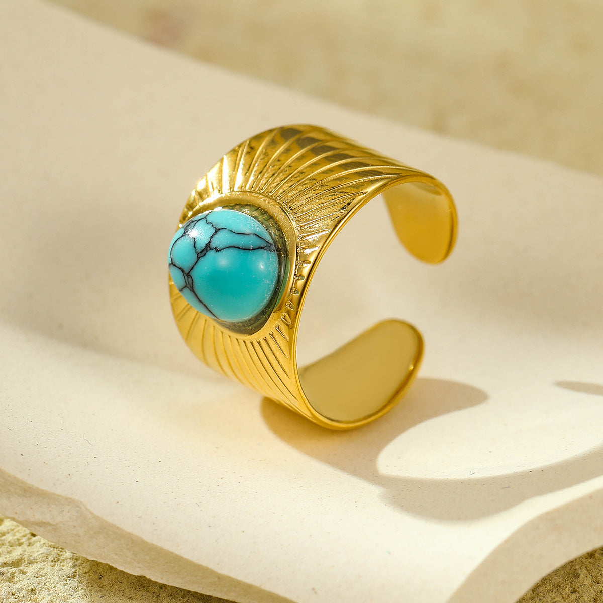 18K gold plated gemstone ring with natural stone and adjustable statement band for women