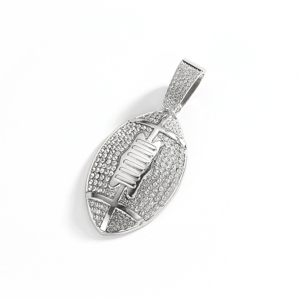 Gold plated football pendant necklace with iced out rhinestone design and hip hop chain style
