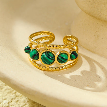 18K gold plated gemstone ring with natural stone and adjustable statement band for women