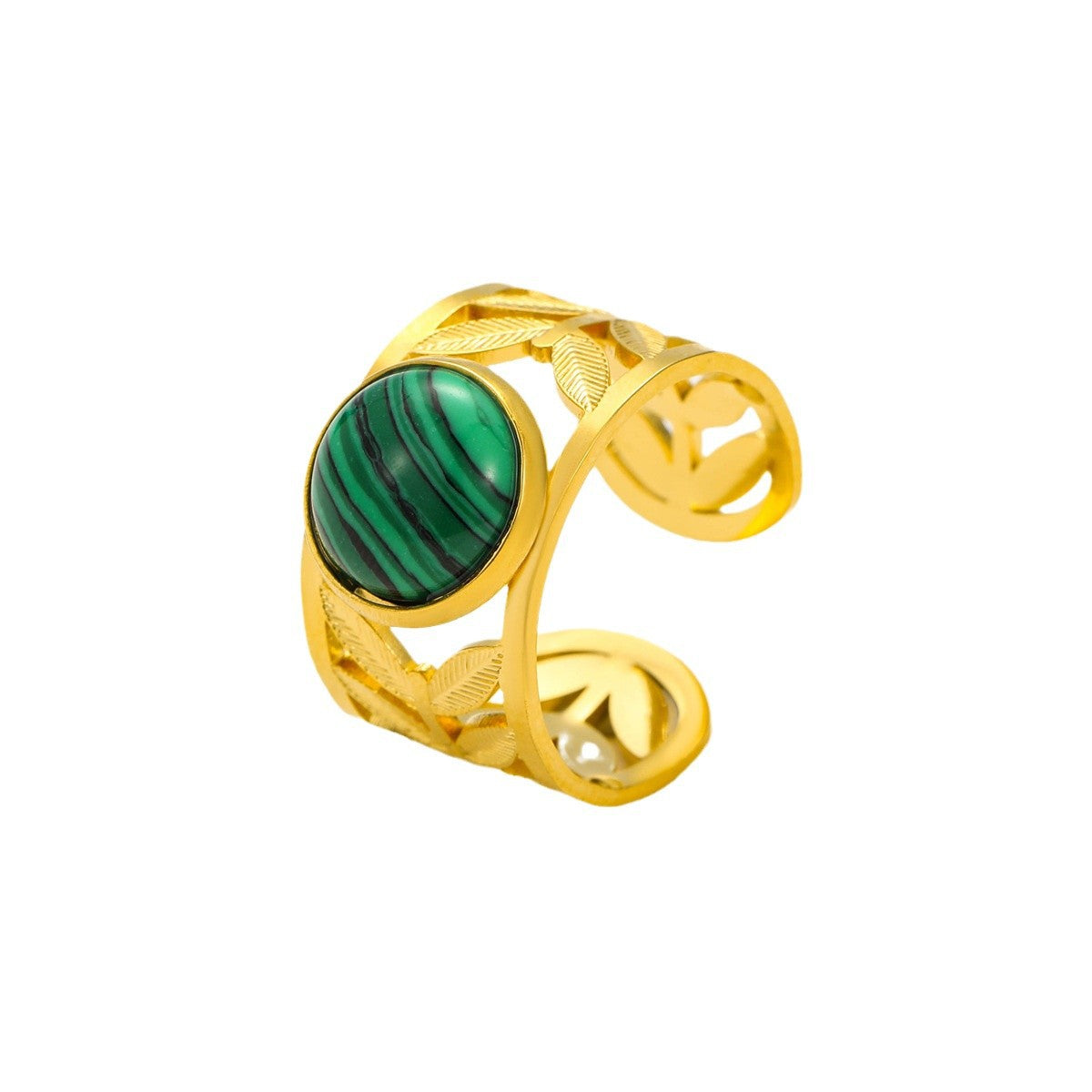 18K gold plated gemstone ring with natural stone and adjustable statement band for women