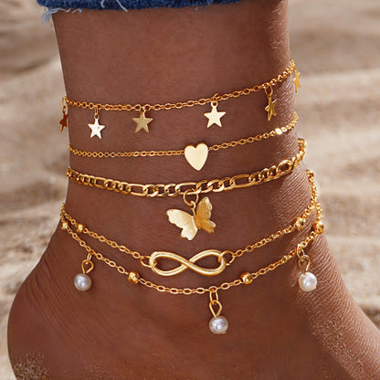 Multi layer charm anklet set with star butterfly heart and pearl beach jewelry charms