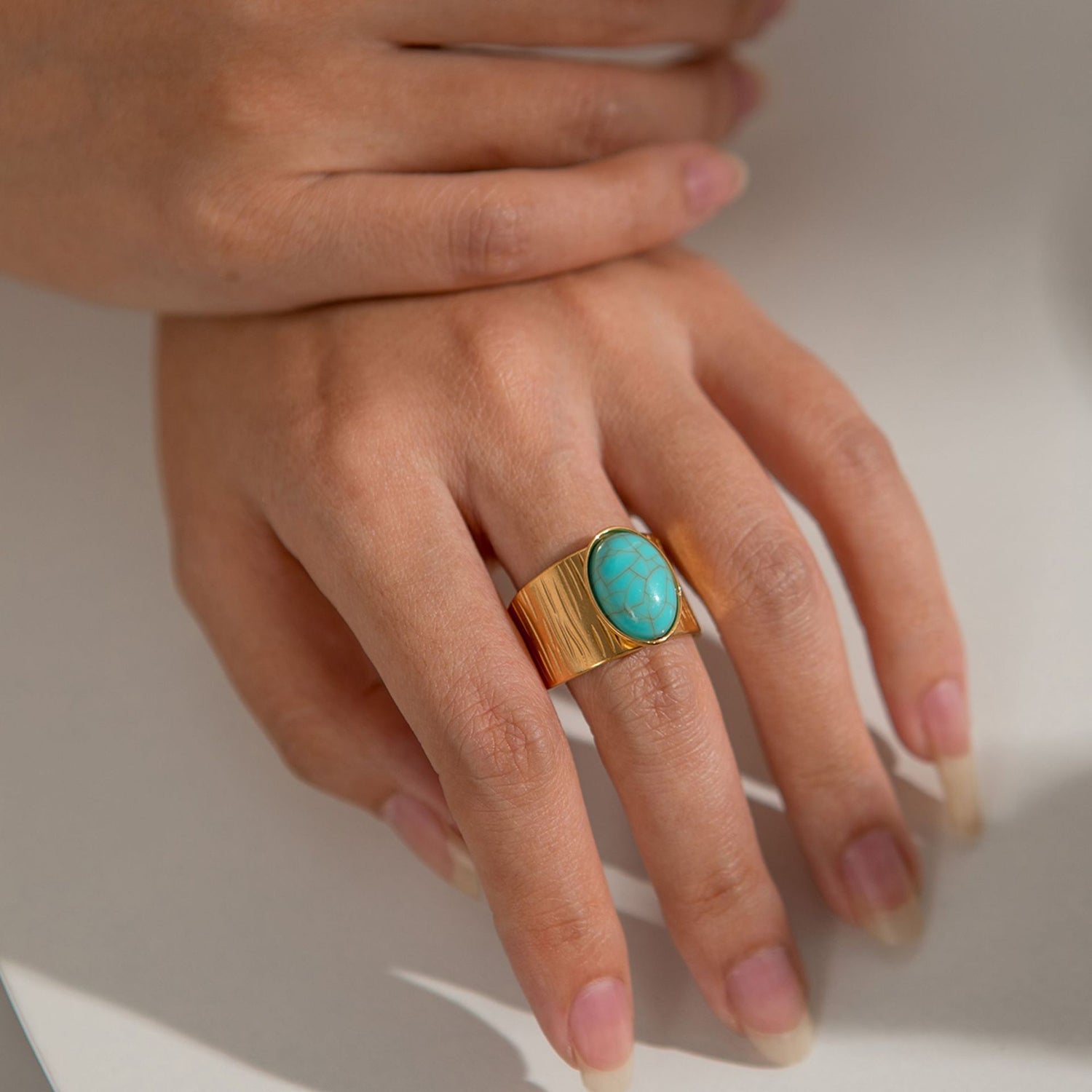 Gold plated malachite turquoise ring with natural stone statement design for women