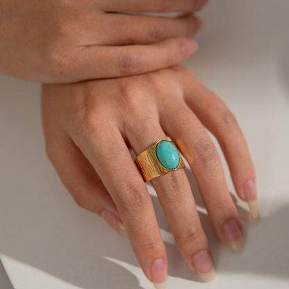 Gold plated malachite turquoise ring with natural stone statement design for women