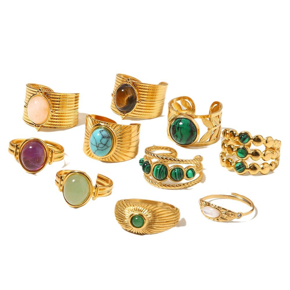 Gold plated gemstone ring with minimalist adjustable band and geometric star detail