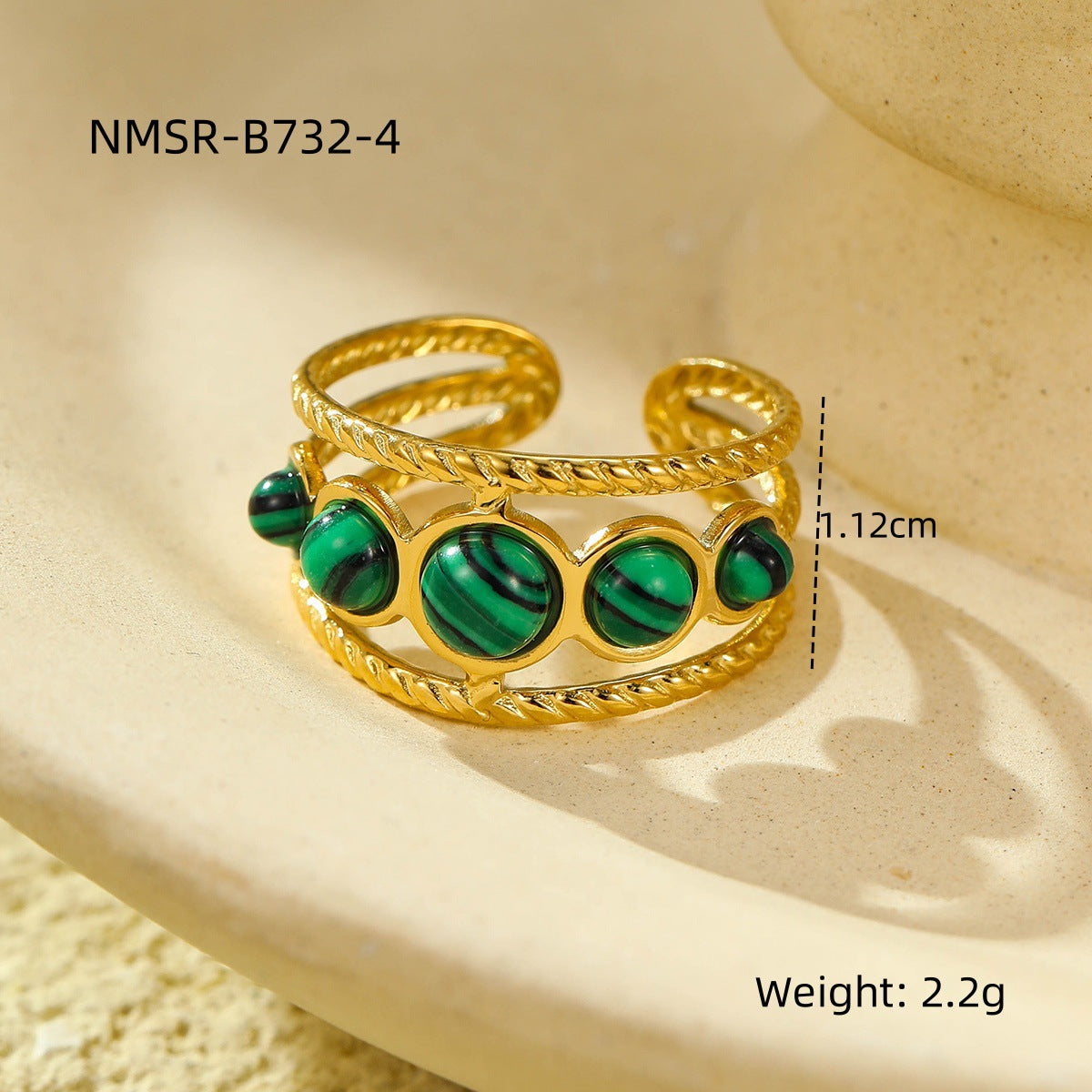 18K gold plated gemstone ring with natural stone and adjustable statement band for women