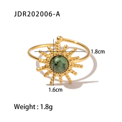 Gold plated gemstone ring with minimalist adjustable band and geometric star detail