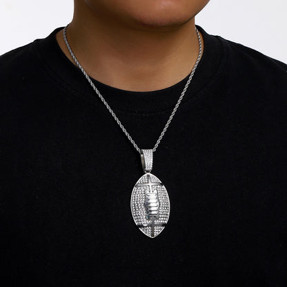 Gold plated football pendant necklace with iced out rhinestone design and hip hop chain style