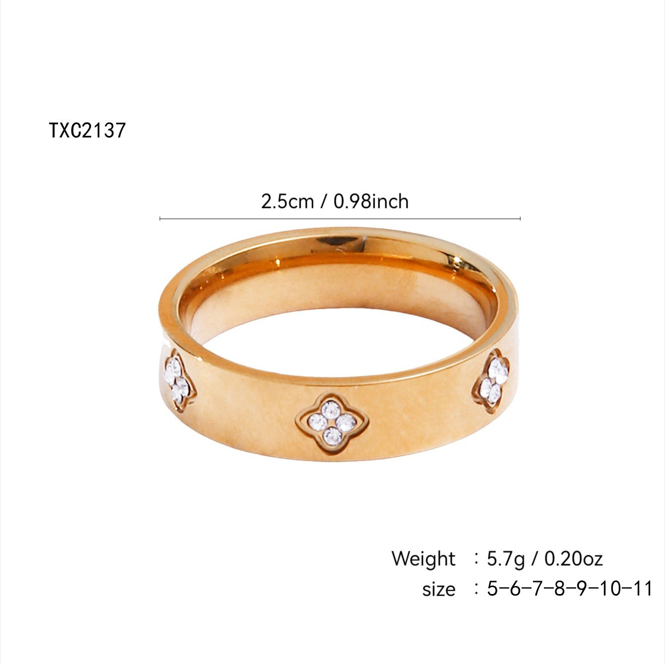 Gold plated clover heart ring set with stackable geometric stainless steel design