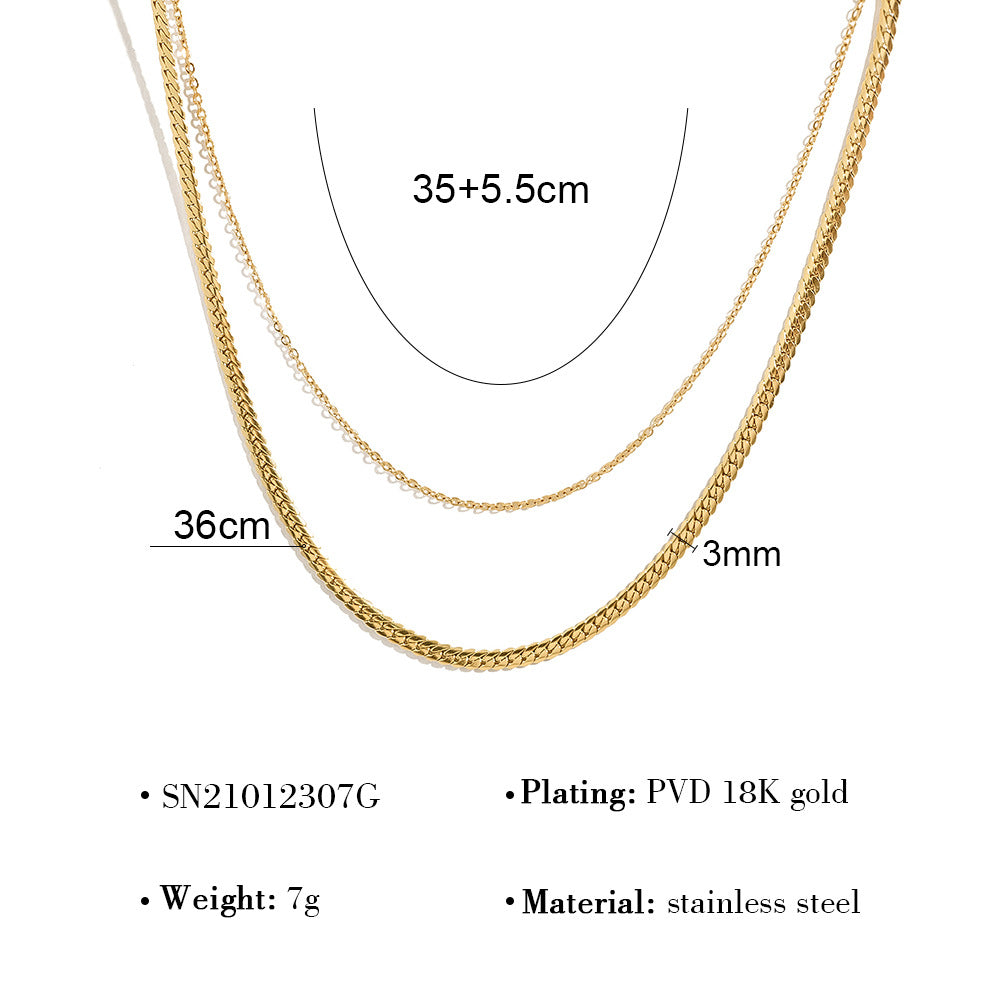 18K gold plated layered necklace with flat snake chain and twist double-layer design