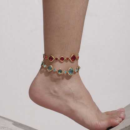 Gold plated Czech glass anklet with faceted sparkling beads for summer beach styling