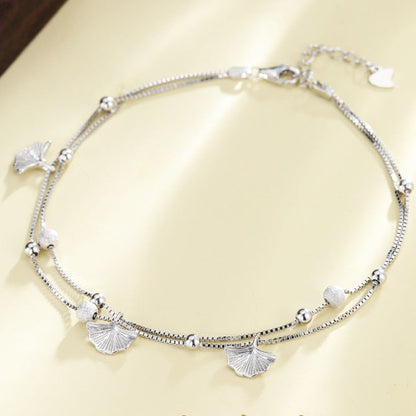 Sterling silver ginkgo leaf anklet with double-layer chain and elegant Korean-inspired design