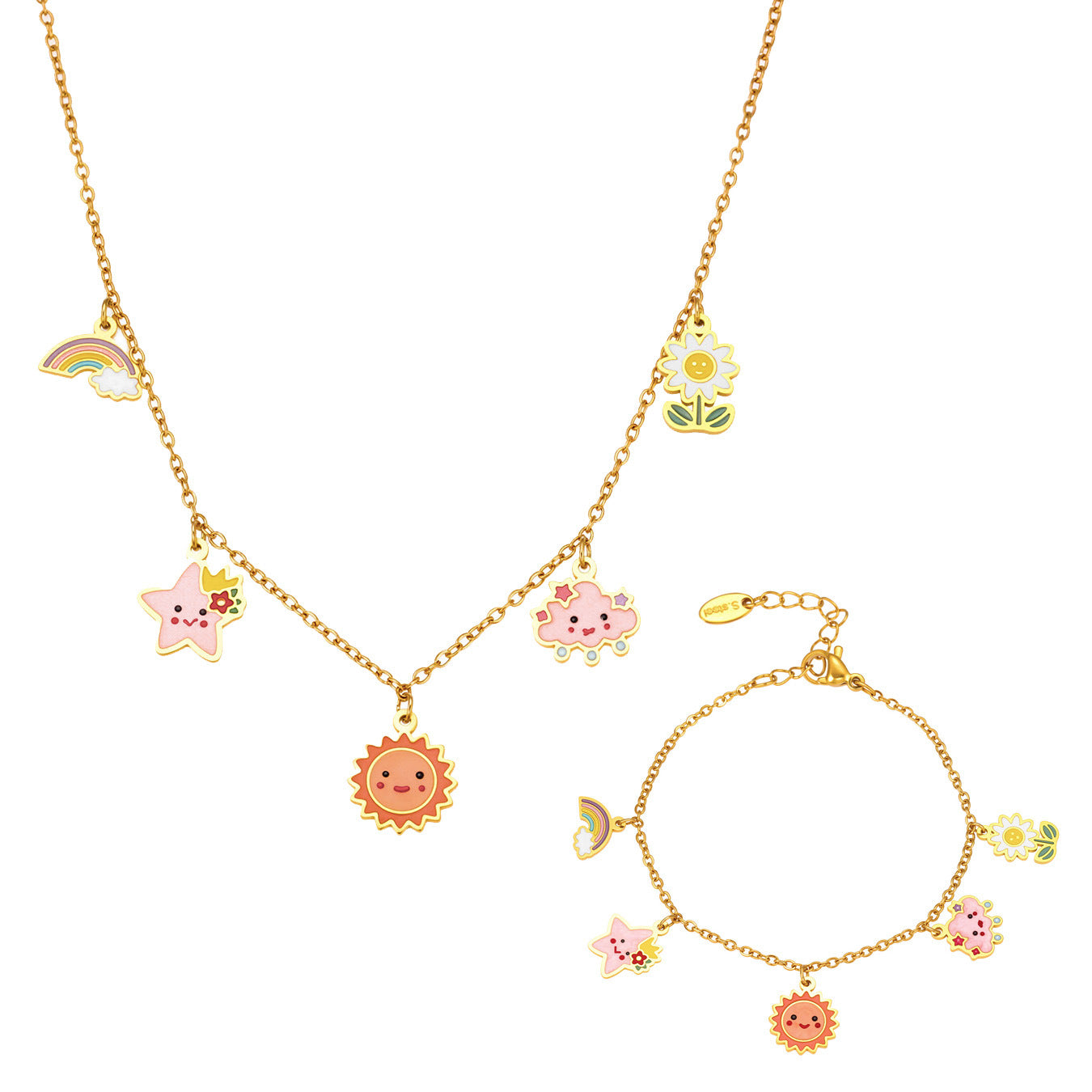 Gold plated kids jewelry set with sun and star necklace and matching bracelet for children