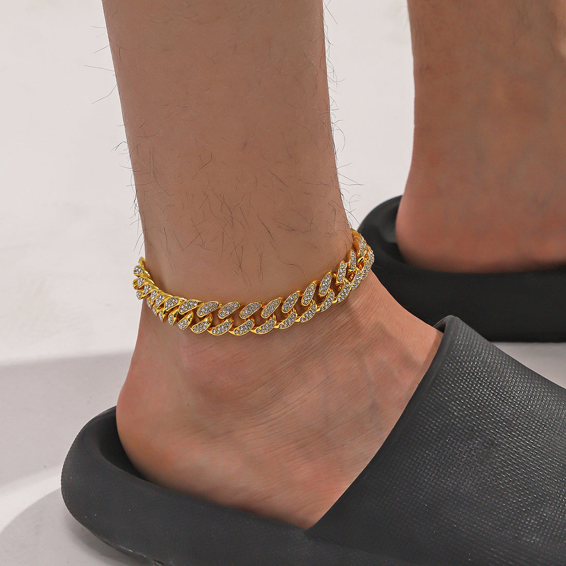 Iced out Cuban chain anklet with rhinestone hip hop design and heavyweight statement style for men